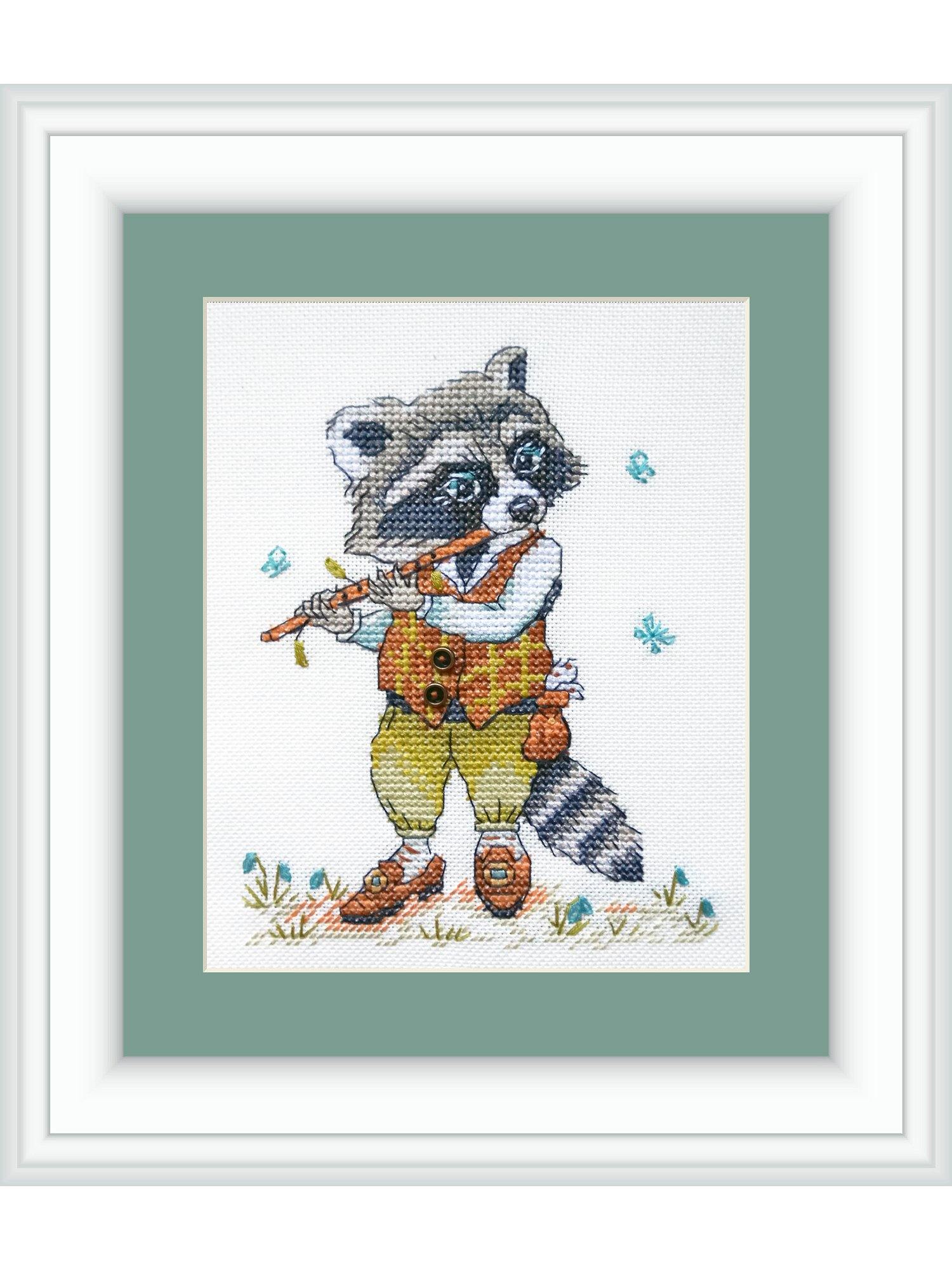 Forest Music RZ-32 Counted Cross-Stitch Kit featuring colorful threads, decorative buttons, and a detailed chart for stitching.