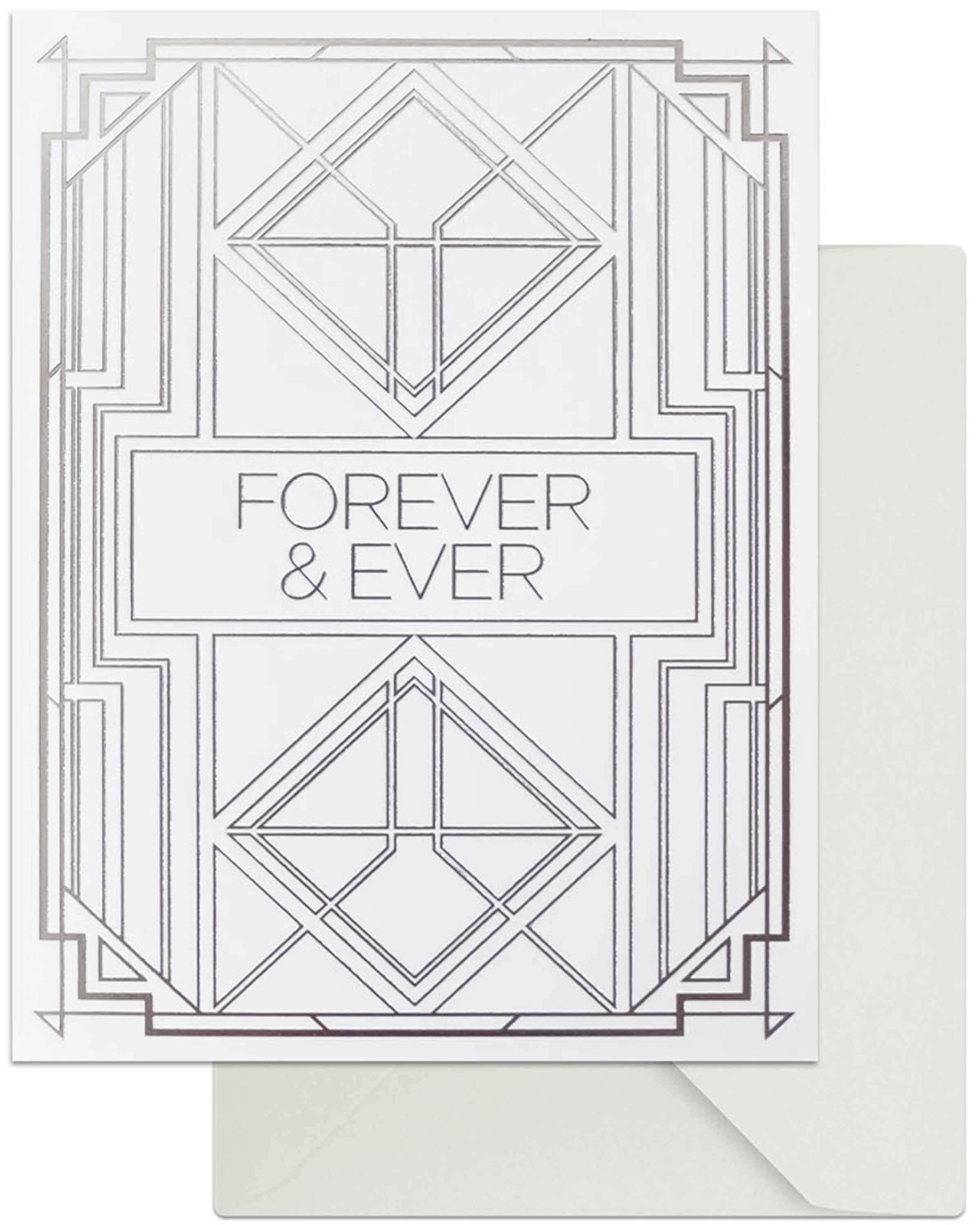 Forever & Ever greeting card with silver foil accents and matching envelope, elegantly folded with a blank interior.