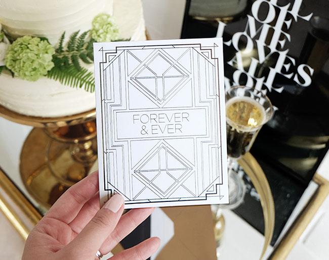 Forever & Ever greeting card with silver foil accents and matching envelope, elegantly folded with a blank interior.