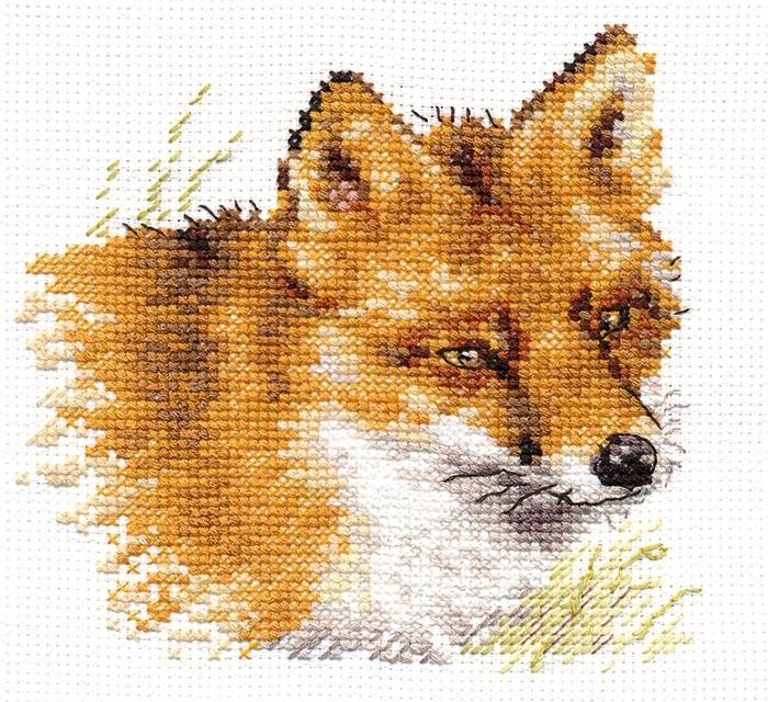 Fox 1-28 Cross-stitch kit with white aida fabric, 18 colorful threads, and an embroidery needle.