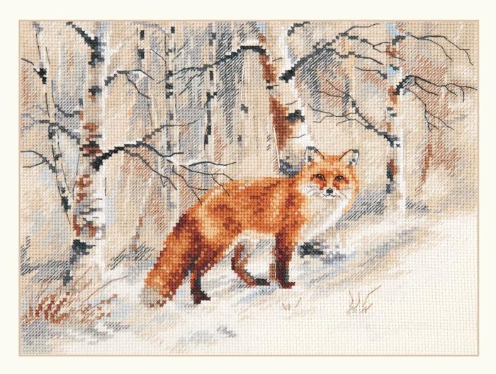 Fox 1-32 Cross-stitch kit with white Aida fabric, colorful threads, and an embroidery needle.