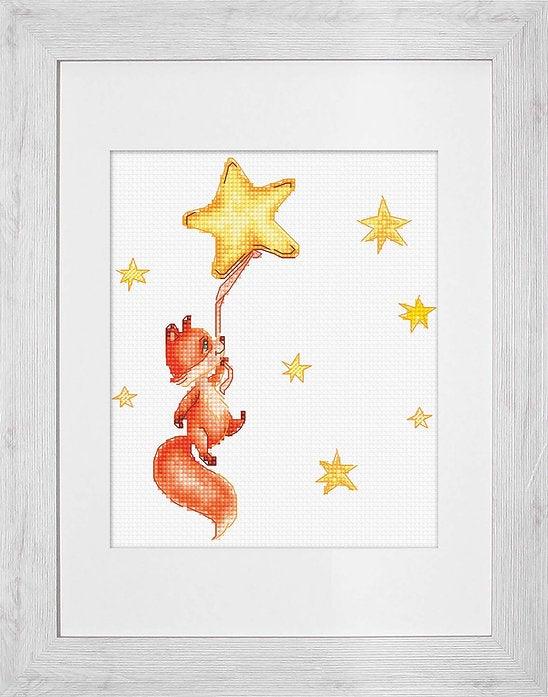 Fox 2 B1188L Counted Cross-Stitch Kit featuring a ginger fox design with stars, includes Aida canvas, threads, needle, and instructions.