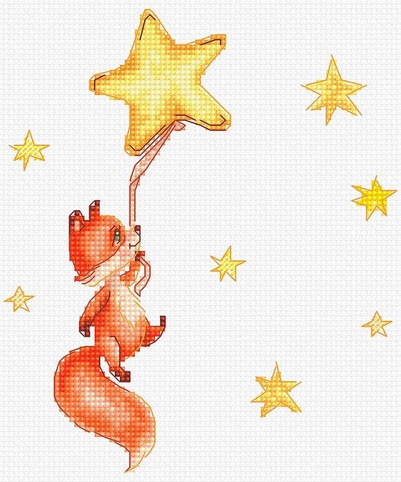 Fox 2 B1188L Counted Cross-Stitch Kit featuring a ginger fox design with stars, includes Aida canvas, threads, needle, and instructions.