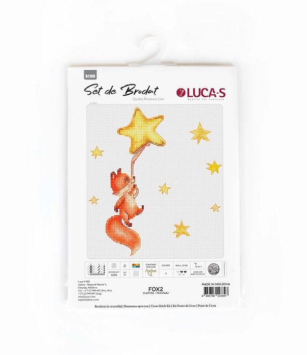 Fox 2 B1188L Counted Cross-Stitch Kit featuring a ginger fox design with stars, includes Aida canvas, threads, needle, and instructions.