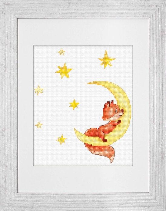 Fox 3 B1189L Counted Cross-Stitch Kit featuring a ginger fox with moon and stars design, includes Aida canvas, threads, needle, and instructions.