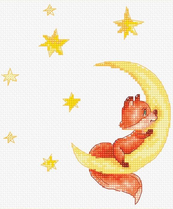 Fox 3 B1189L Counted Cross-Stitch Kit featuring a ginger fox with moon and stars design, includes Aida canvas, threads, needle, and instructions.