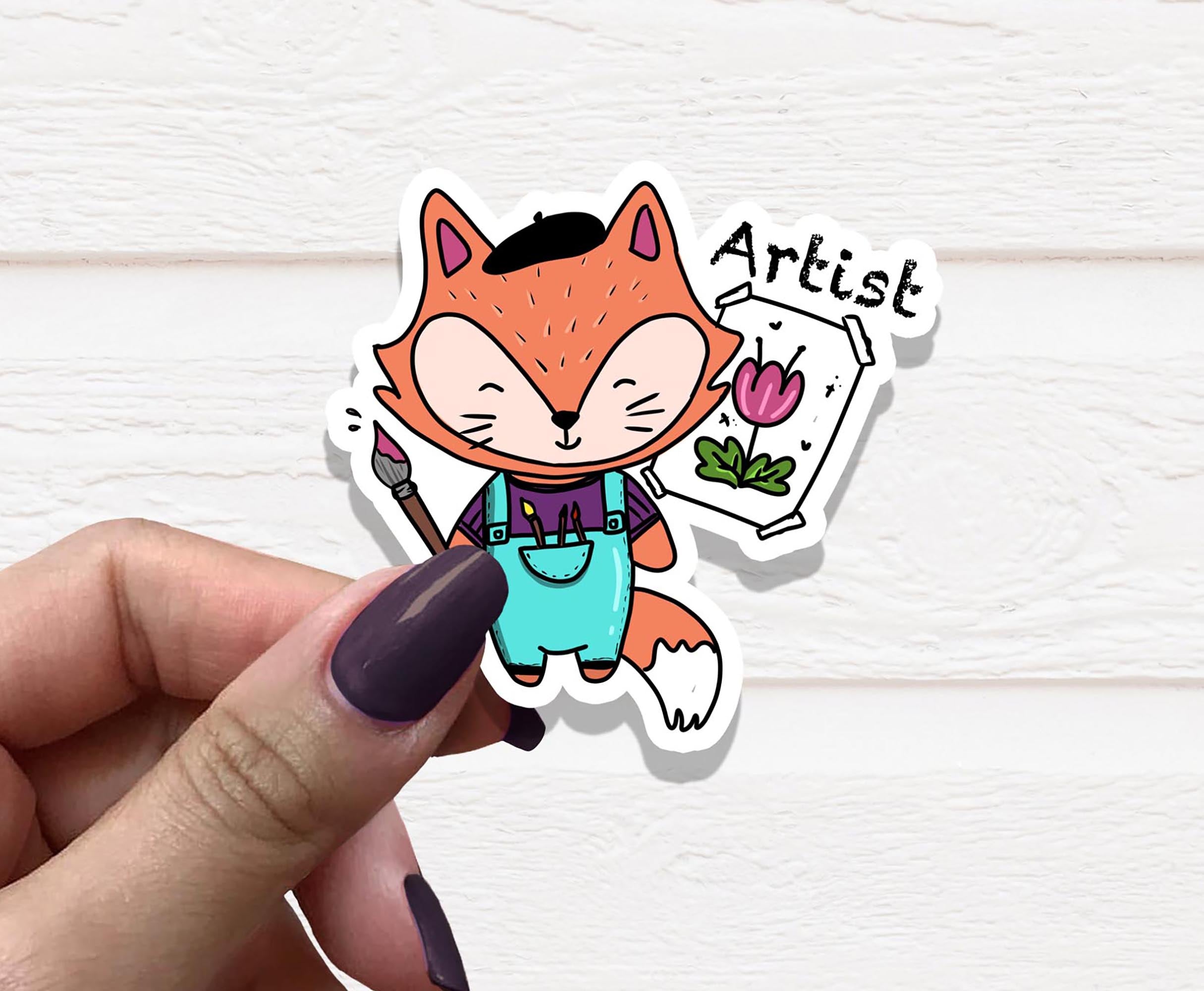 A vibrant Fox Artist Vinyl Sticker featuring a detailed fox design on a matte background, perfect for personalizing various items.