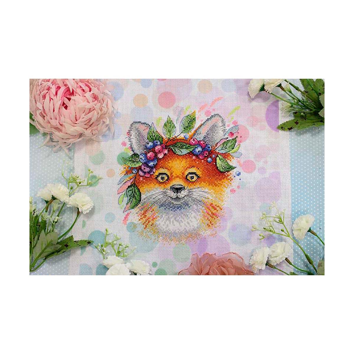 Fox with Flowers counted cross stitch kit featuring vibrant colors and detailed design, includes AIDA canvas and cotton threads.