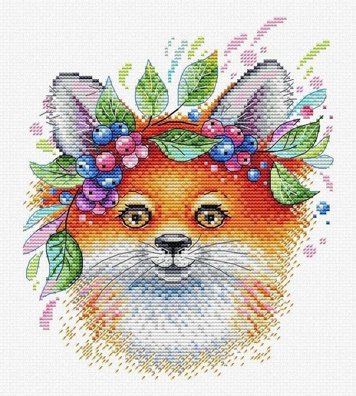 Fox with Flowers counted cross stitch kit featuring vibrant colors and detailed design, includes AIDA canvas and cotton threads.