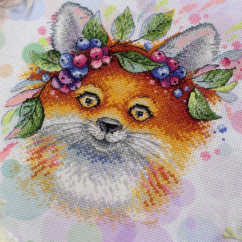 Fox with Flowers counted cross stitch kit featuring vibrant colors and detailed design, includes AIDA canvas and cotton threads.