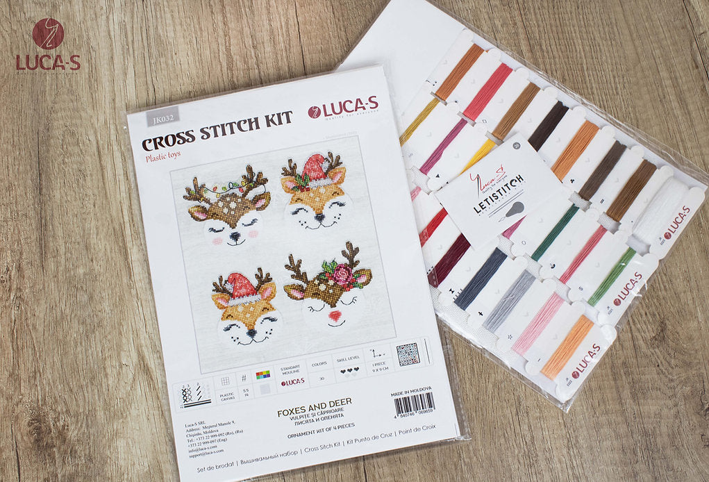 Foxes and Deer Counted Cross-Stitch Kit featuring Aida Plastic canvas and colorful threads.