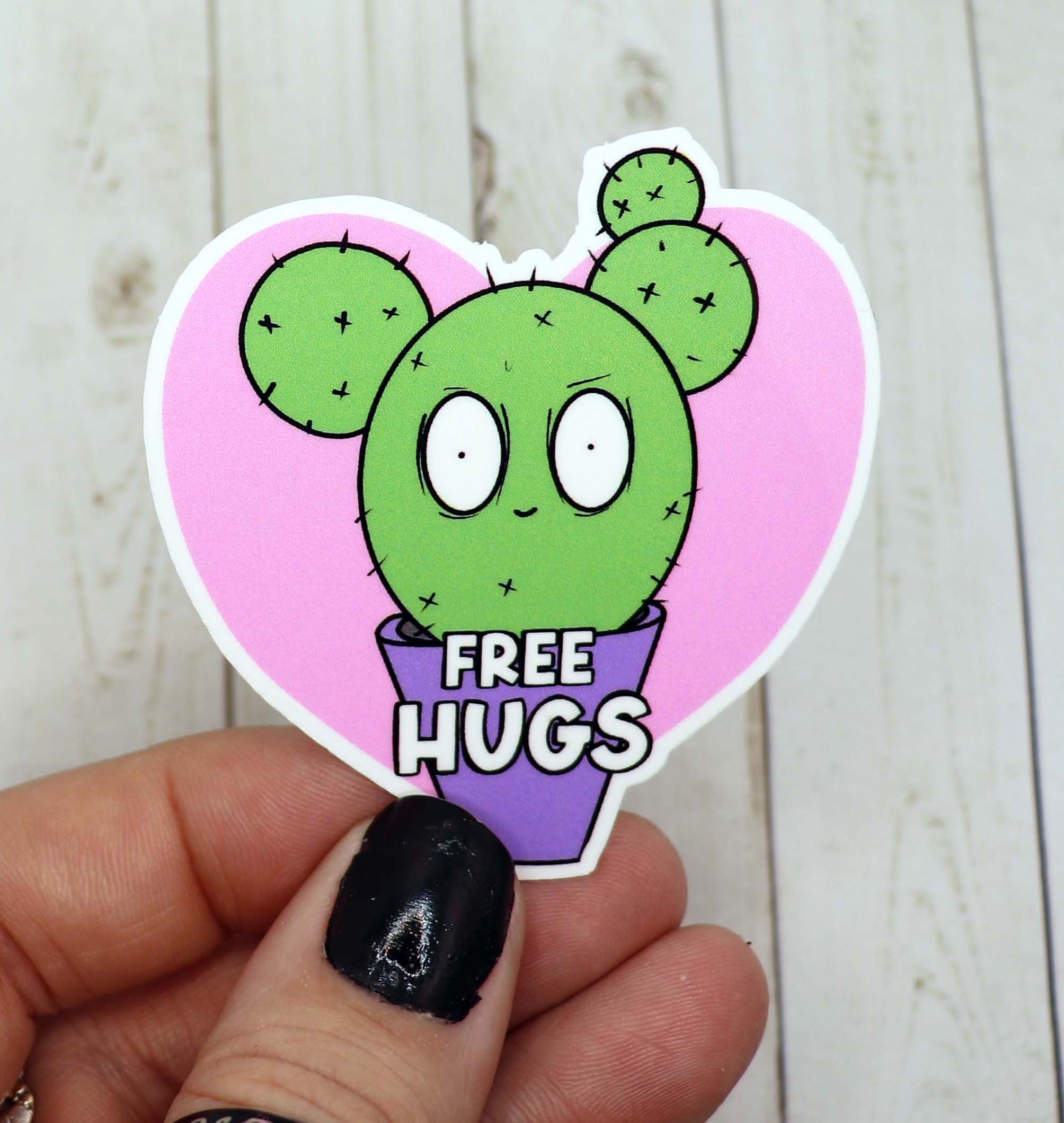 A vibrant Free Hugs Cactus Sticker featuring a cute cactus design with a cheerful message, perfect for personalizing items.