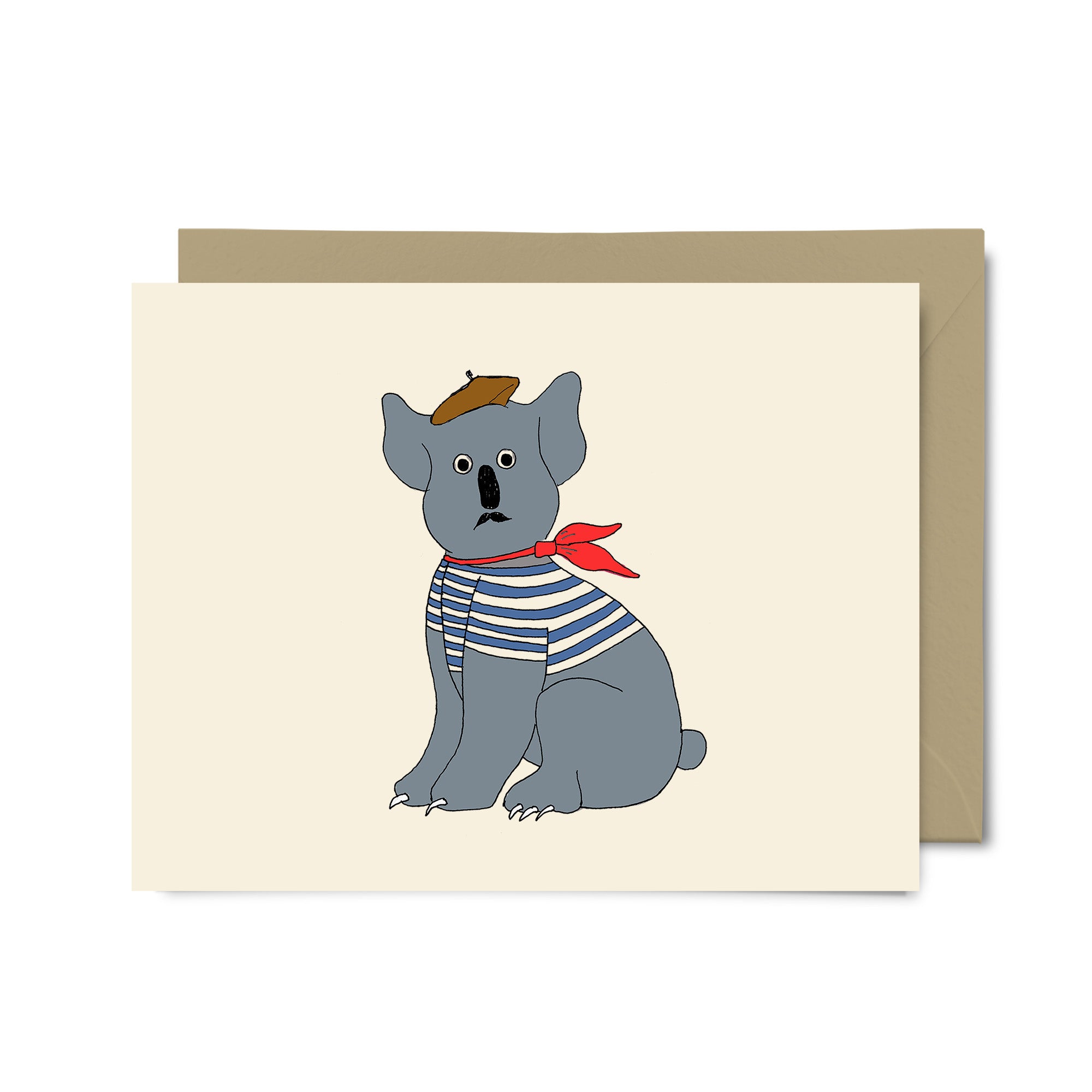 A set of five French Koala notecards featuring a koala with a moustache, beret, and striped shirt, packaged in a clear box.