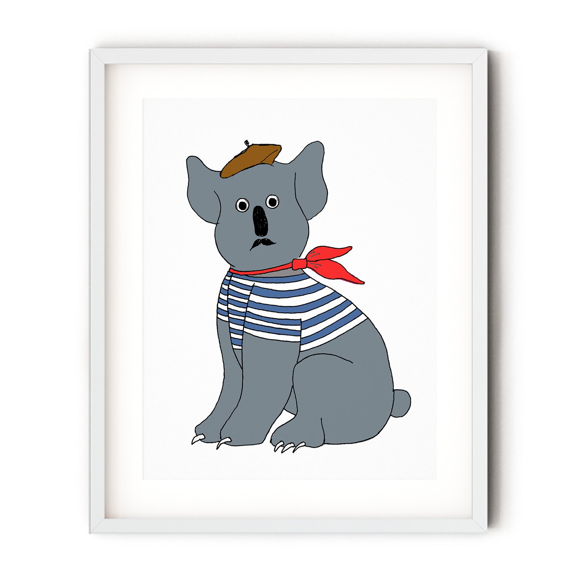 A whimsical illustration of a koala with a moustache, wearing a beret, breton shirt, and red scarf, printed on high-quality paper.