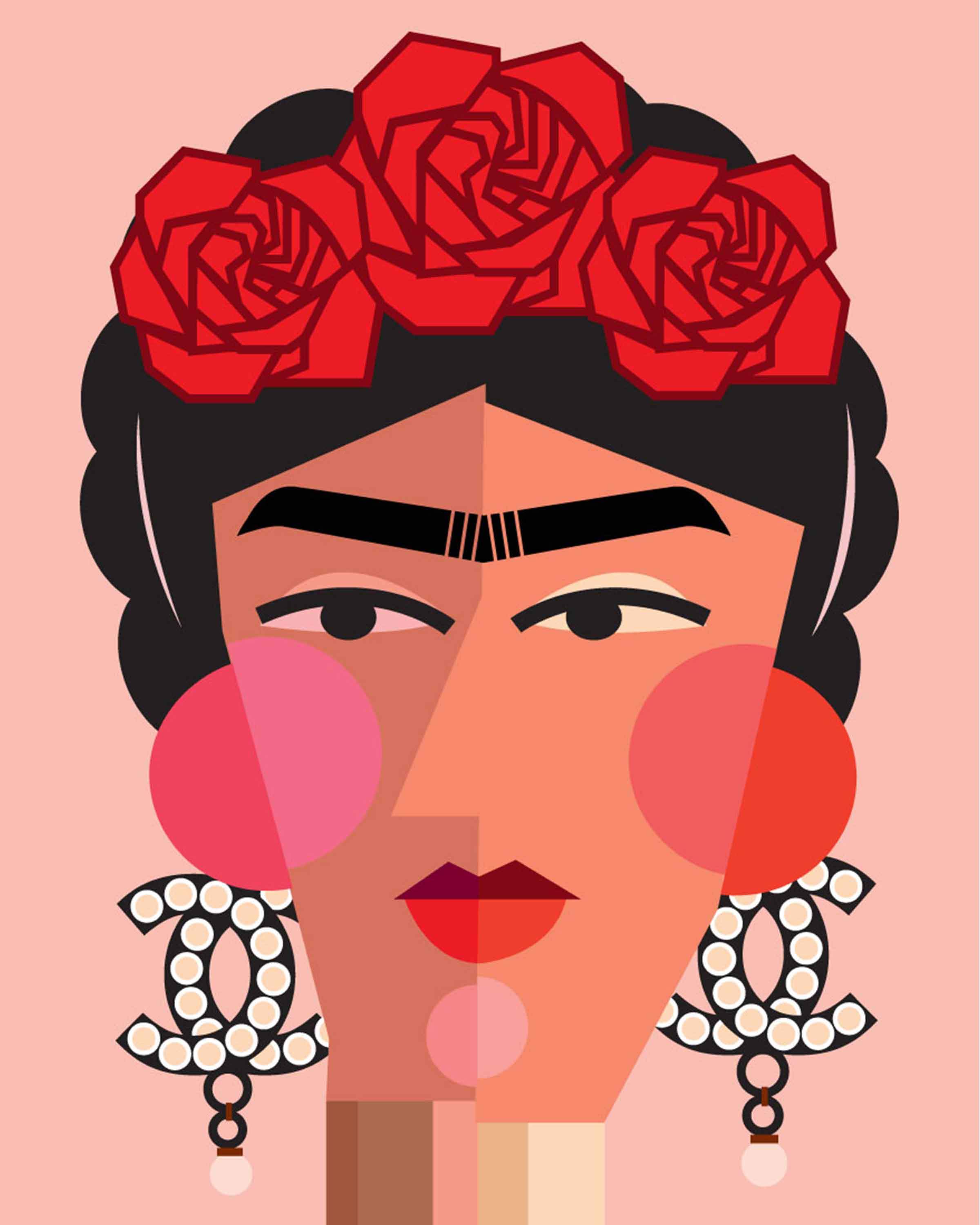 Art print of Frida Kahlo wearing Chanel, vibrant colors on high-quality stock.