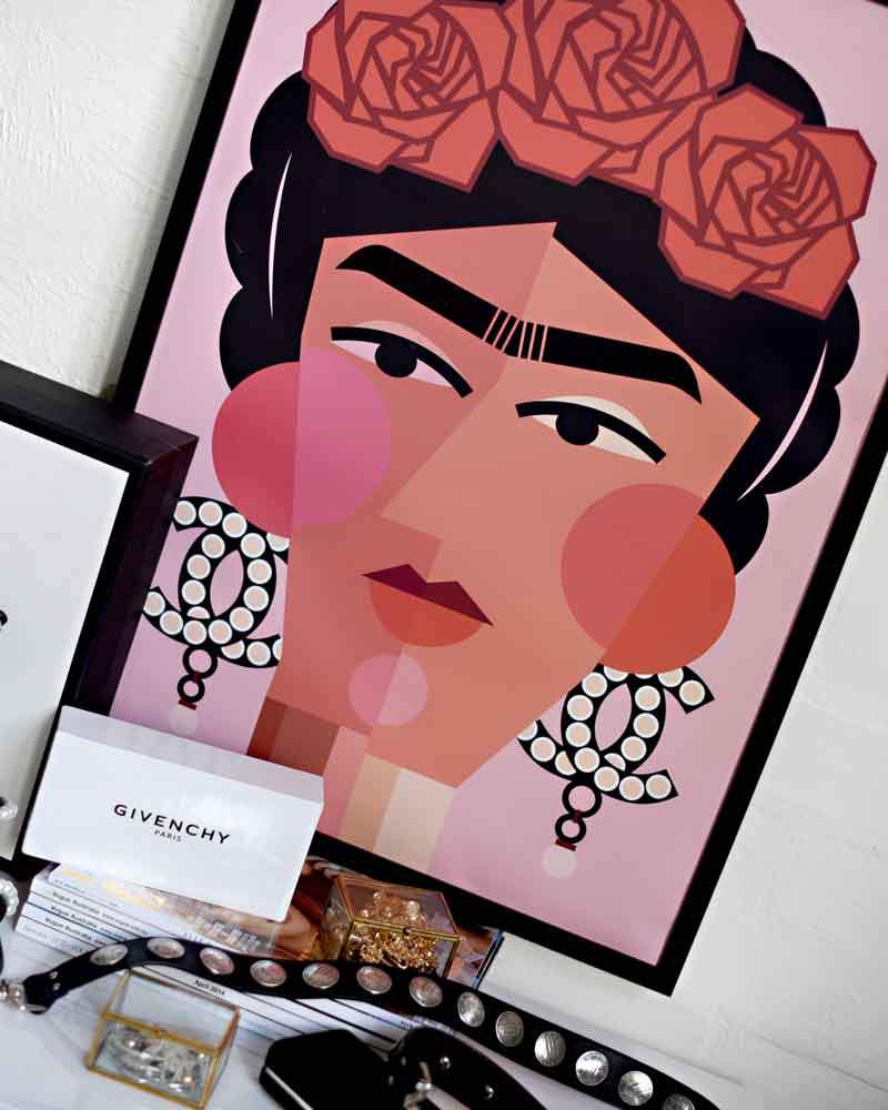 Art print of Frida Kahlo wearing Chanel, vibrant colors on high-quality stock.