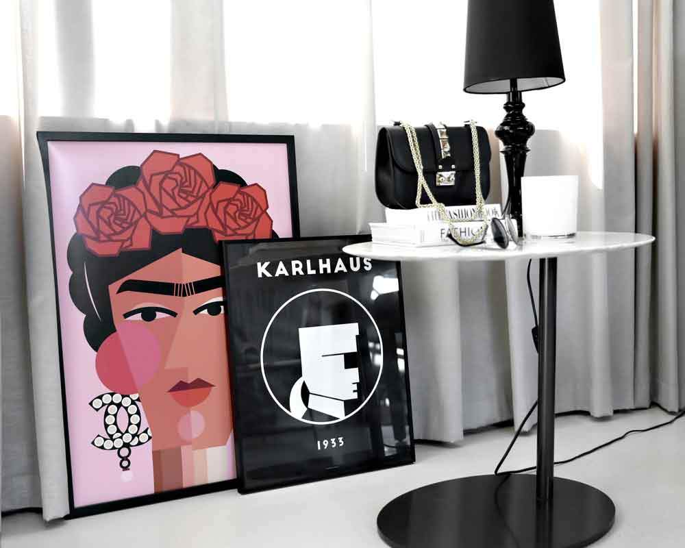 Art print of Frida Kahlo wearing Chanel, vibrant colors on high-quality stock.