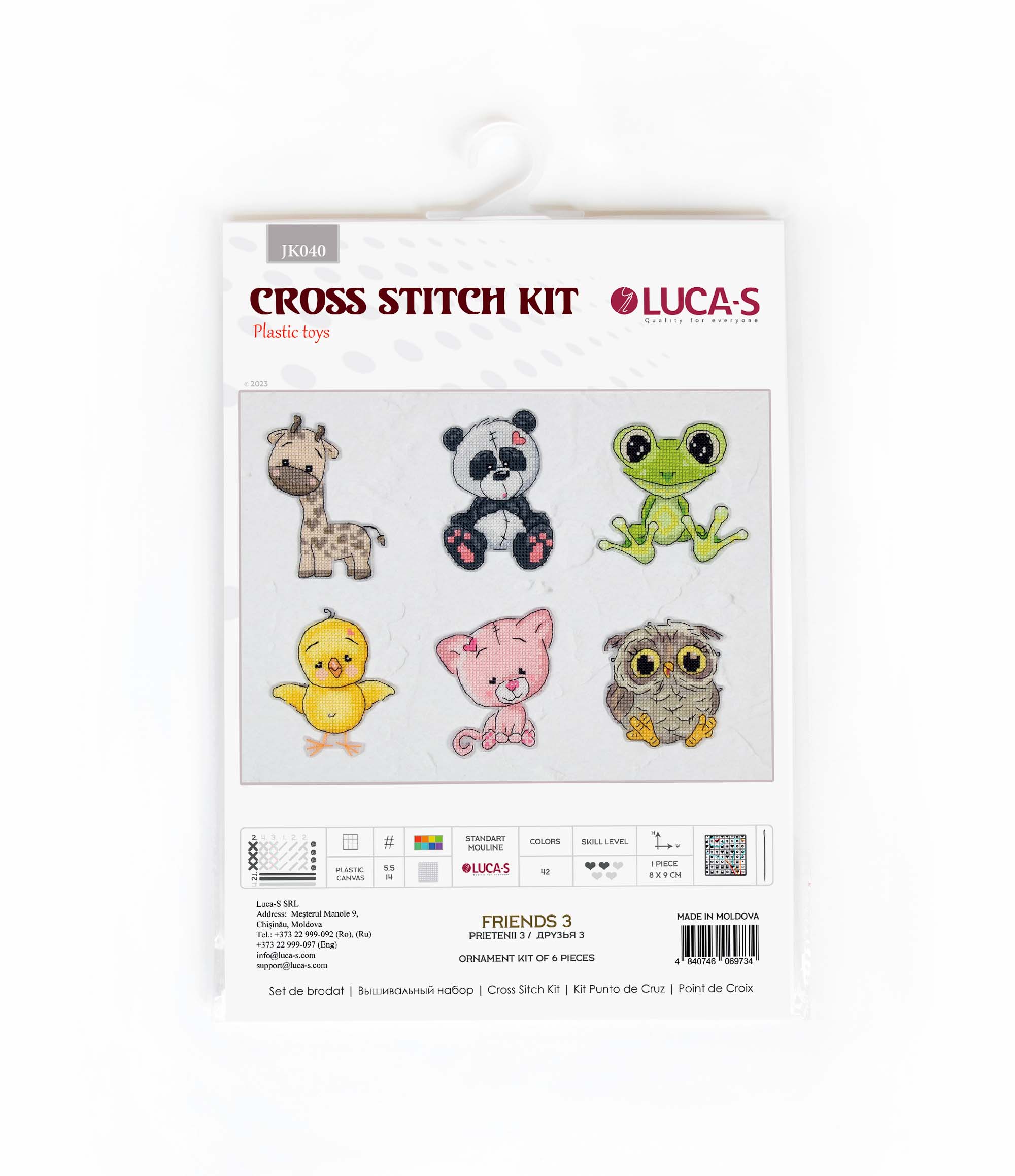 Friends 3 JK040L Counted Cross-Stitch Kit with colorful threads, needle, and plastic canvas.