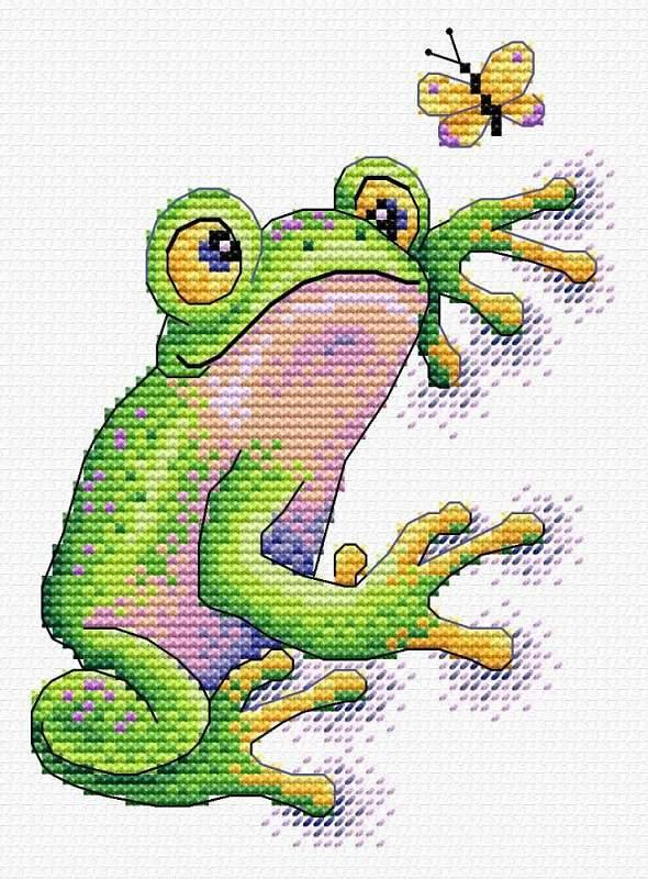 Frog SV-534 Cross-stitch kit featuring water soluble canvas, colorful threads, and a needle for crafting.