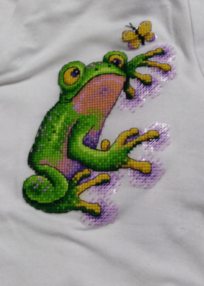 Frog SV-534 Cross-stitch kit featuring water soluble canvas, colorful threads, and a needle for crafting.