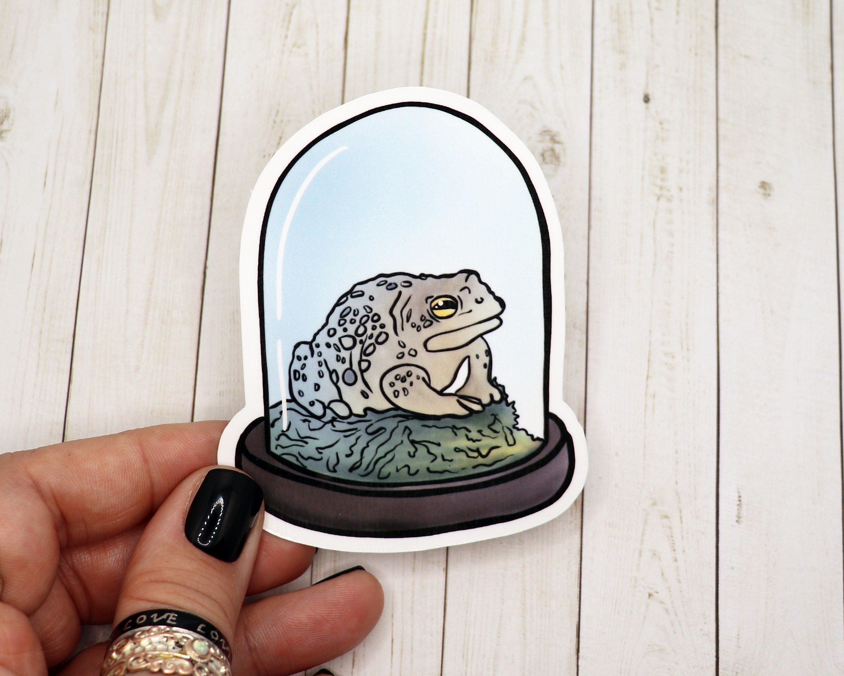 A vibrant frog vinyl sticker on a white background, showcasing its matte finish and 3-inch size.