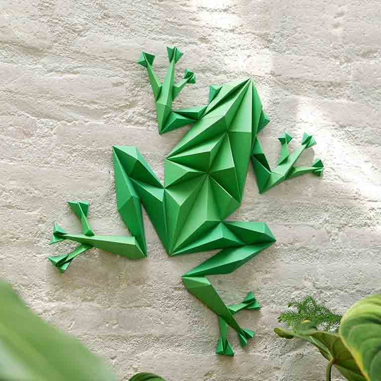 Colorful Frog Wall Art paper craft kit with pre-cut pieces, showcasing a charming frog design ready for assembly.