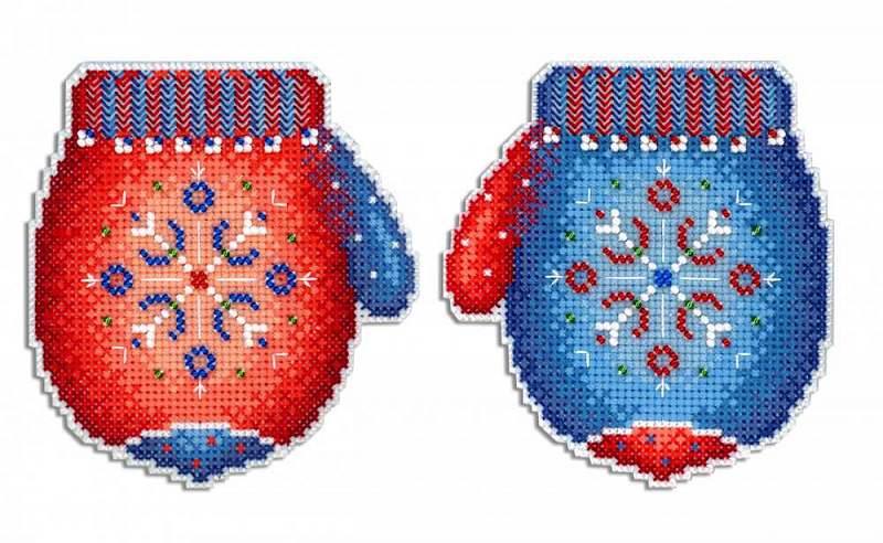 Frosty Mitten SR-457 Plastic Canvas Counted Cross Stitch Kit with colorful threads, beads, and pattern for crafting.