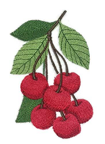 A vibrant embroidered patch featuring cherries, measuring 4.4 inches by 3 inches, suitable for iron-on or sewing applications.