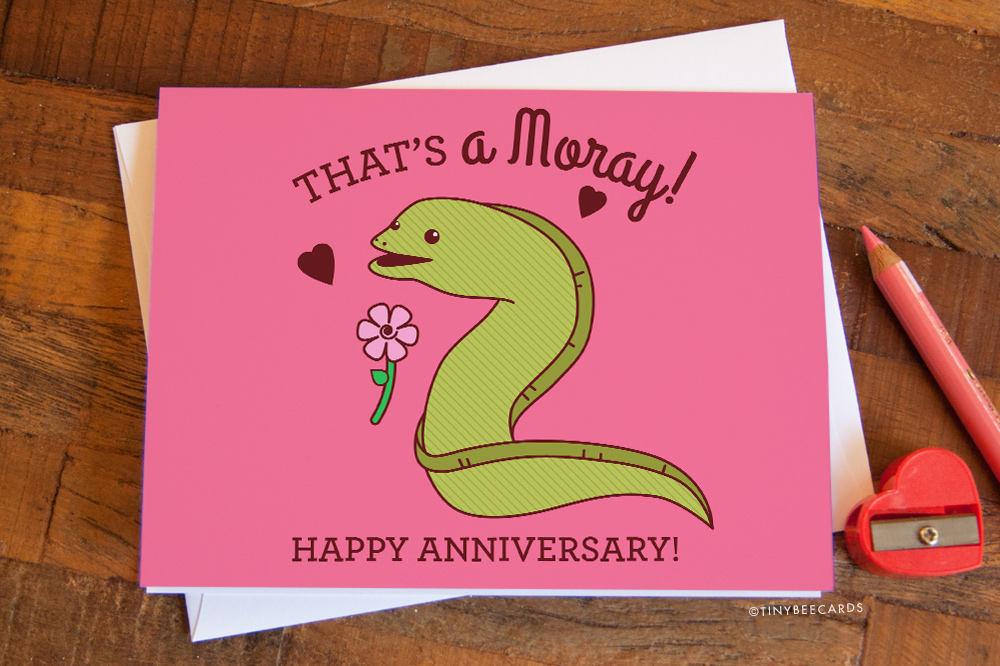 Funny Anniversary Card featuring a moray eel pun with a matching white envelope.