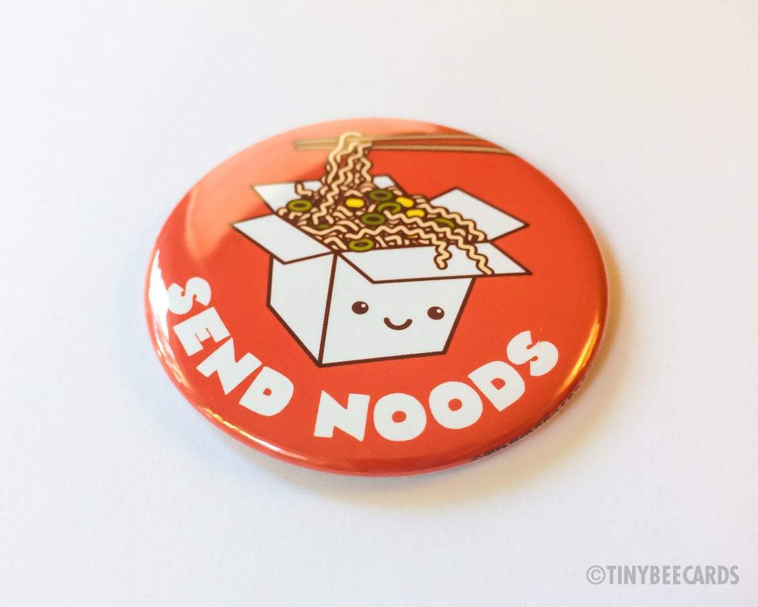 Funny Cheeky Rude Ramen Button Magnet or Pin featuring a cute ramen noodle design with the pun 'Send Noods'.