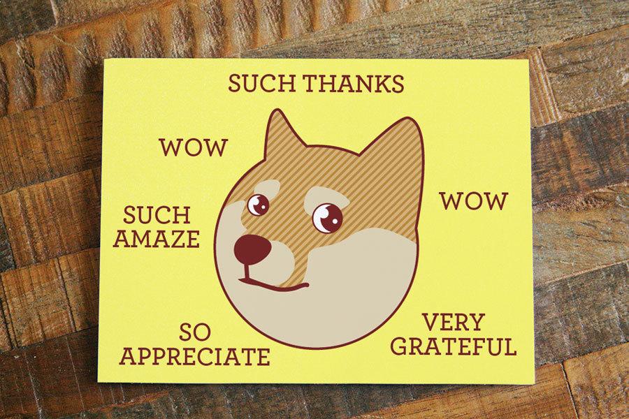 Funny Thank You Card featuring doge meme with text 'Such Thanks, Such Amaze, Much Appreciate!' on a colorful background.