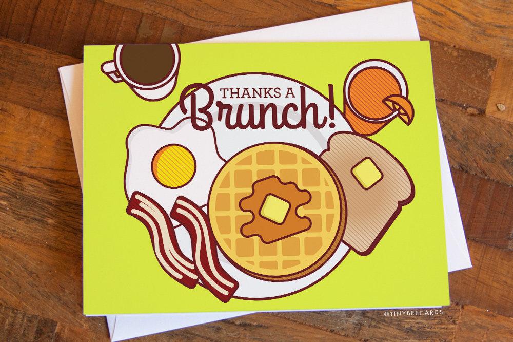 Funny Thank You Card featuring breakfast foods like waffles, eggs, and bacon with the text 'Thanks A Brunch!'