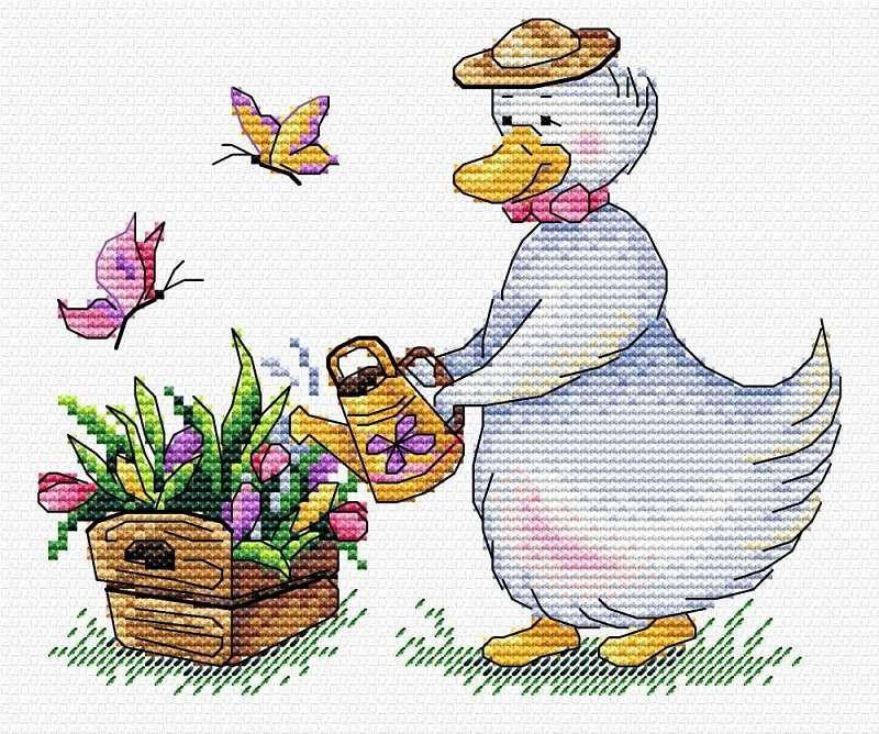 Gardening SM-439 Counted Cross Stitch Kit featuring AIDA canvas, colorful threads, and instructions in multiple languages.