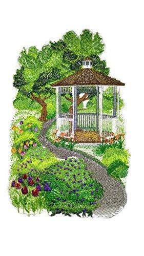 Gazebo Garden Scene embroidered patch featuring a vibrant gazebo surrounded by flowers, ideal for iron-on or sewing applications.