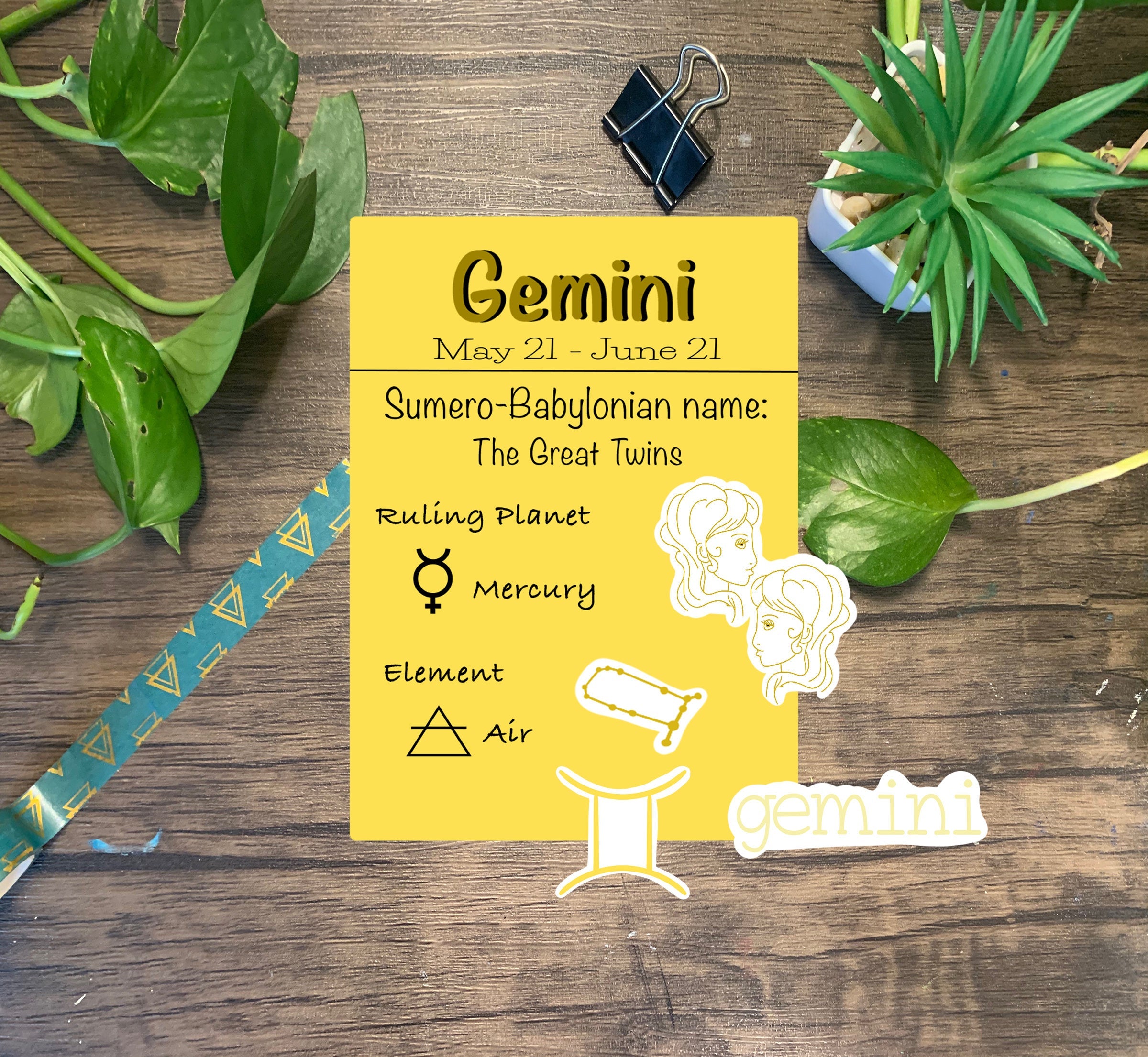 A colorful Gemini Zodiac Sticker Pack featuring four unique stickers: Gemini wording, constellation, symbol, and twins design, all on a protective sleeve.