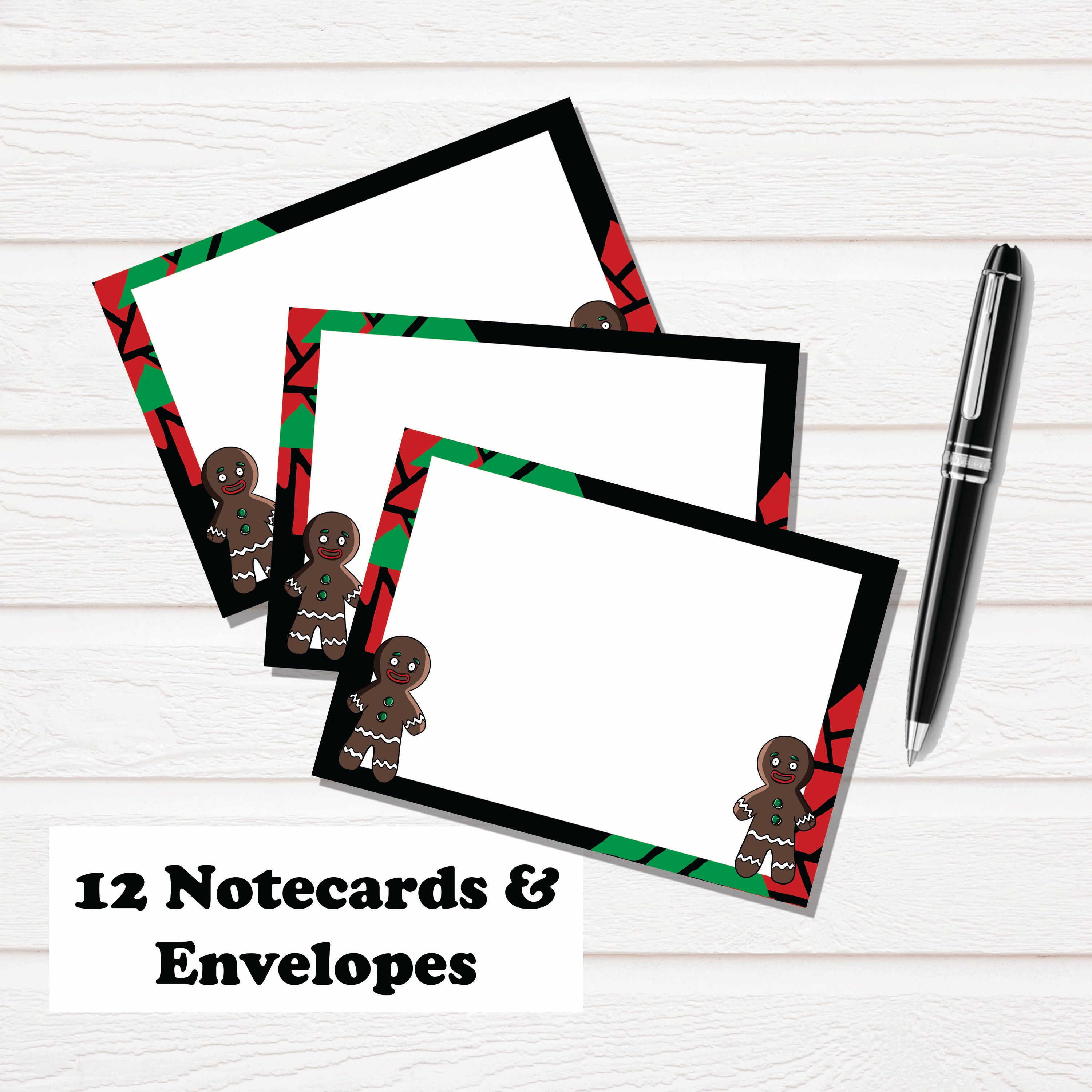 Gingerbread Man Notecard Stationary Set featuring 12 illustrated notecards and matching envelopes in a clear box.