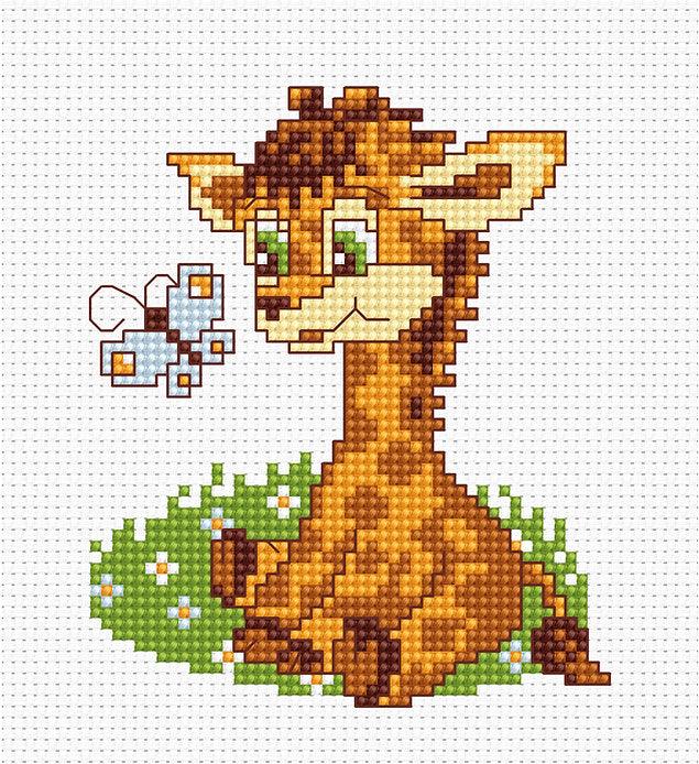 Giraffe B044L Counted Cross-Stitch Kit with colorful threads and Aida canvas.