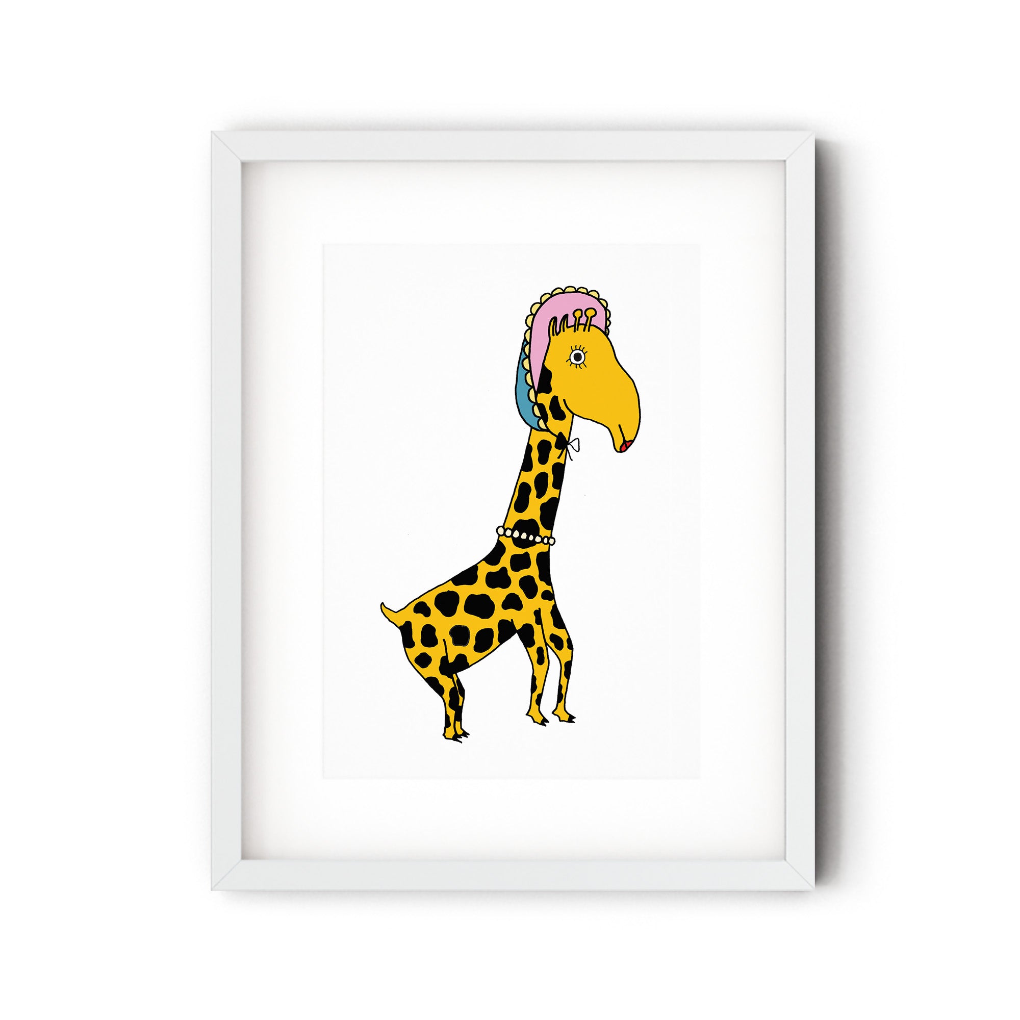 A whimsical illustration of a giraffe wearing a bonnet and pearls, showcasing playful colors and details.