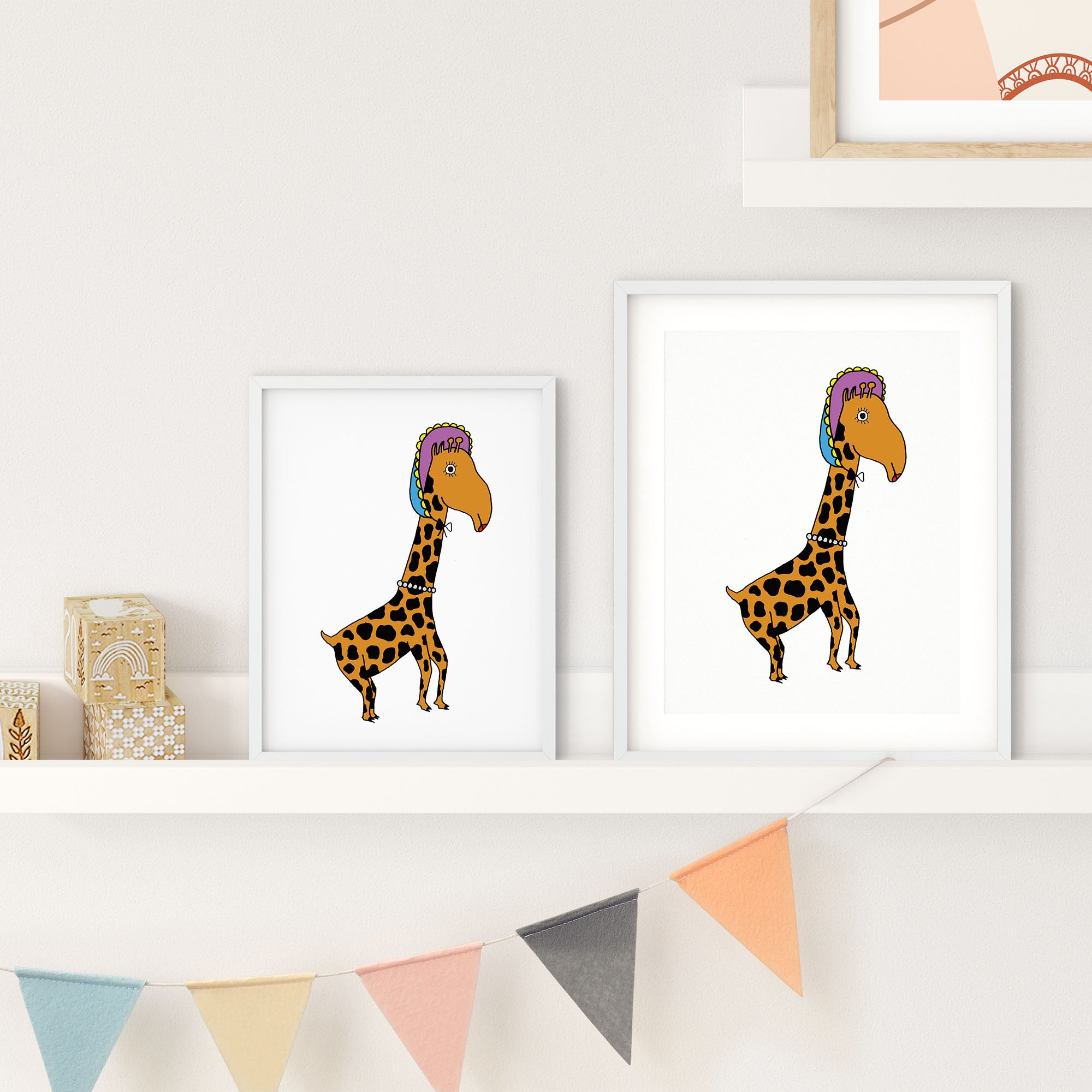 A whimsical illustration of a giraffe wearing a bonnet and pearls, showcasing playful colors and details.