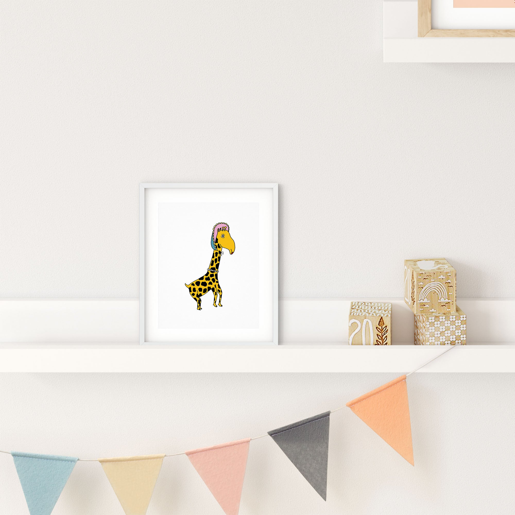 A whimsical illustration of a giraffe wearing a bonnet and pearls, showcasing playful colors and details.