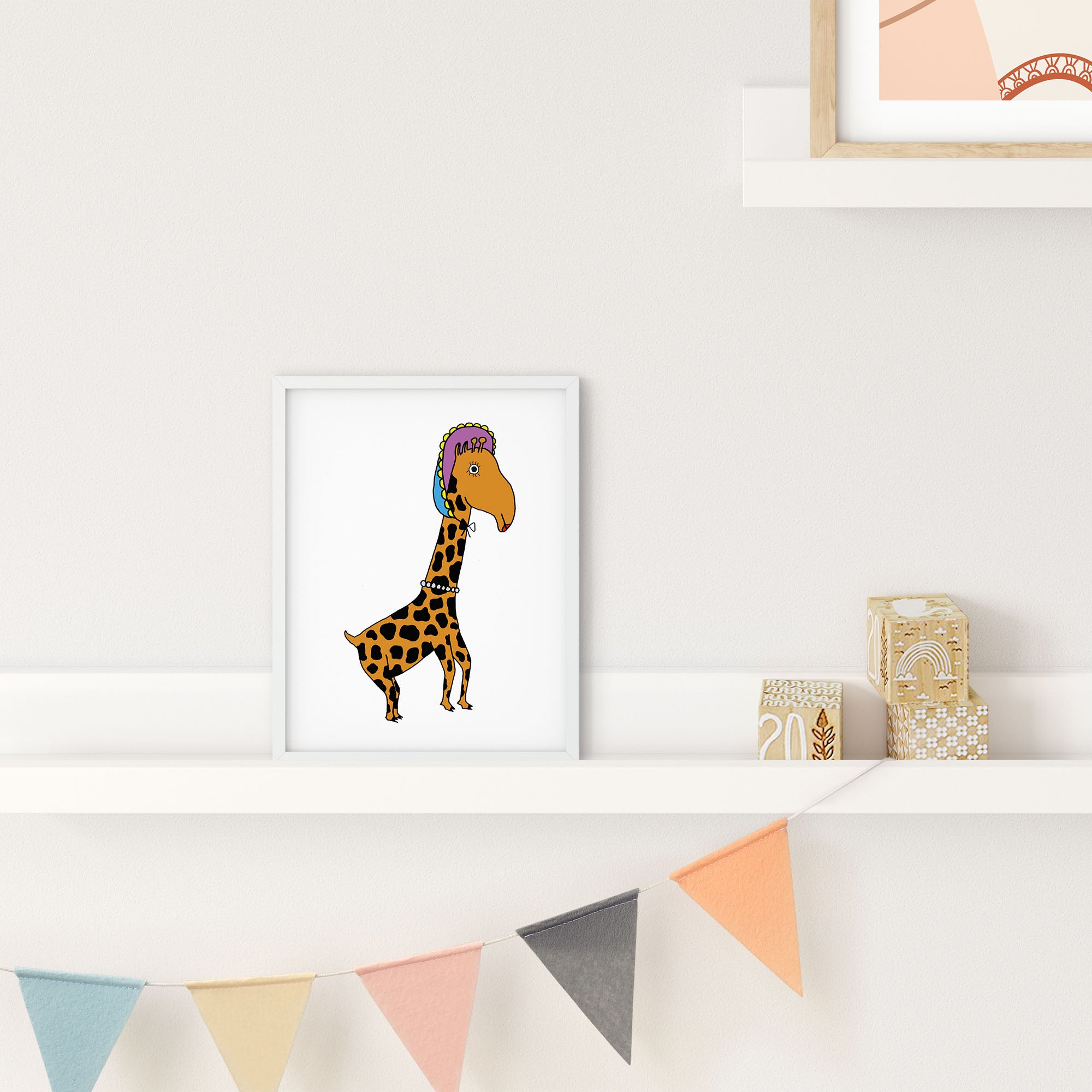 A whimsical illustration of a giraffe wearing a bonnet and pearls, showcasing playful colors and details.