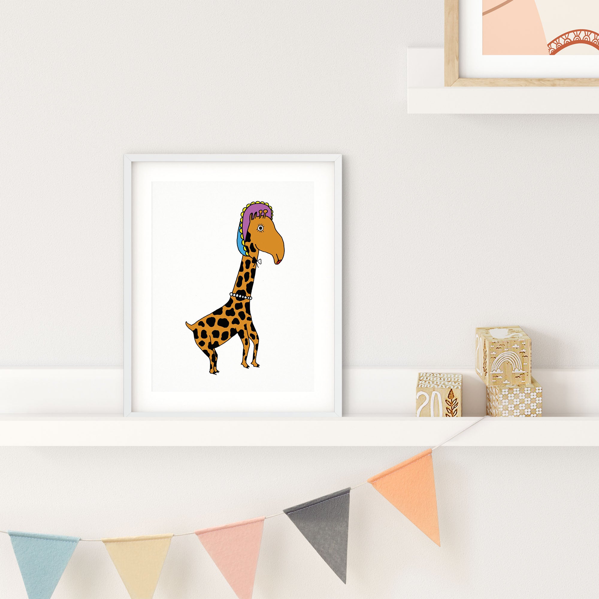 A whimsical illustration of a giraffe wearing a bonnet and pearls, showcasing playful colors and details.