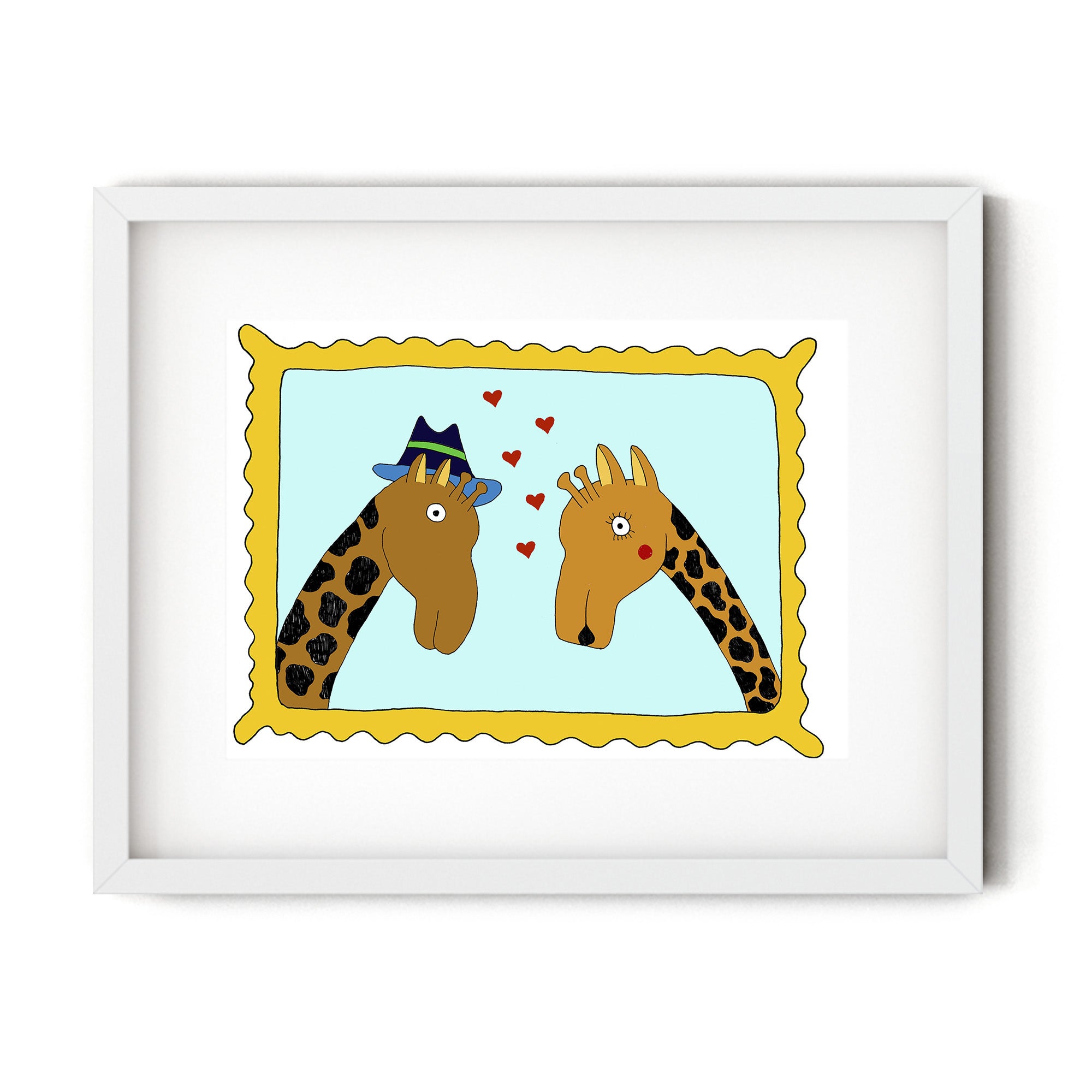 A colorful illustrated print of two giraffes in a framed portrait, showcasing their playful nature.