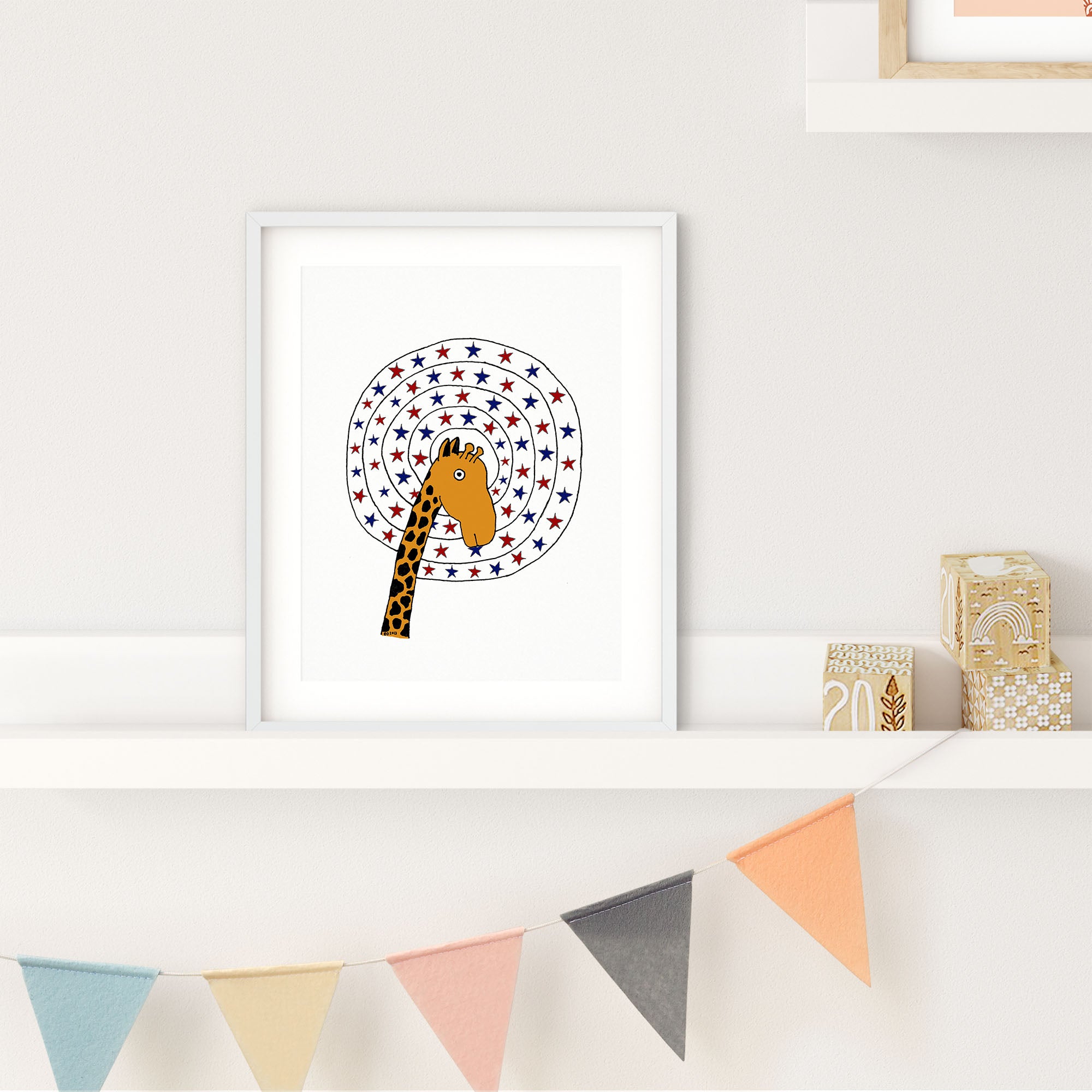 A colorful print featuring a giraffe surrounded by red and blue stars, showcasing a whimsical design.