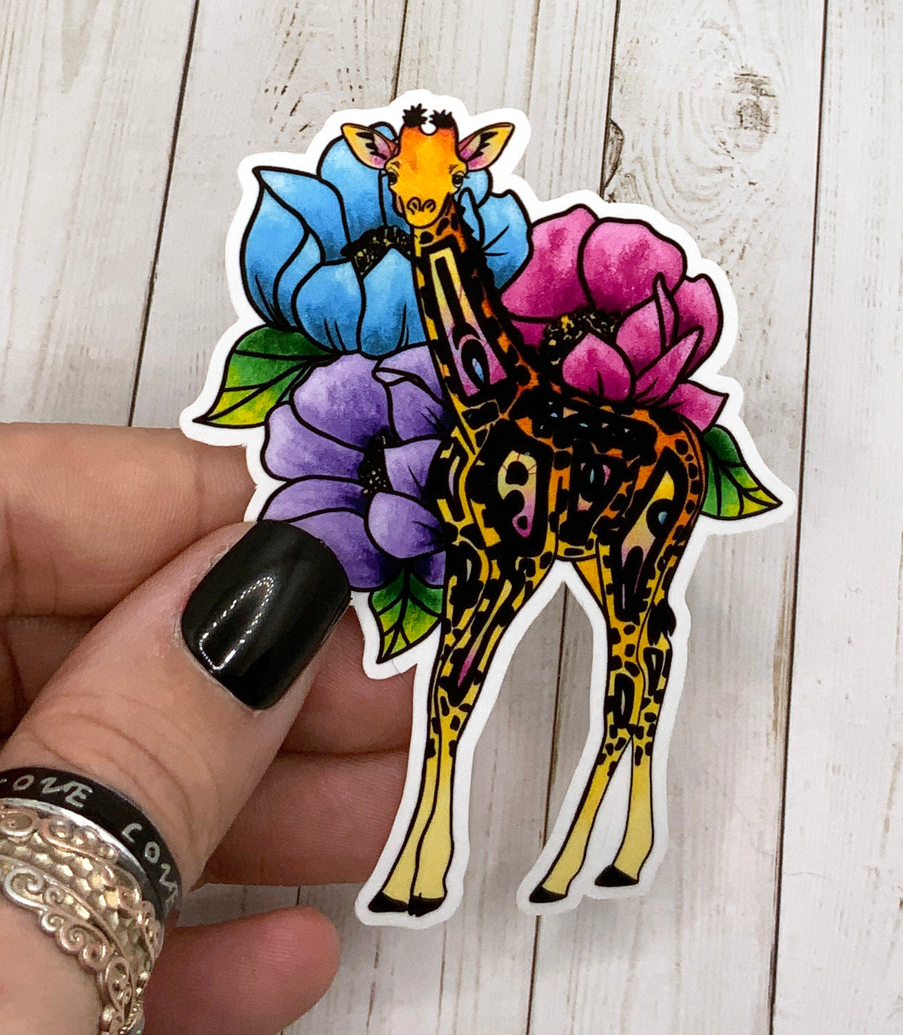 A vibrant Giraffe Sticker on a white background, showcasing its playful design and high-quality matte finish.