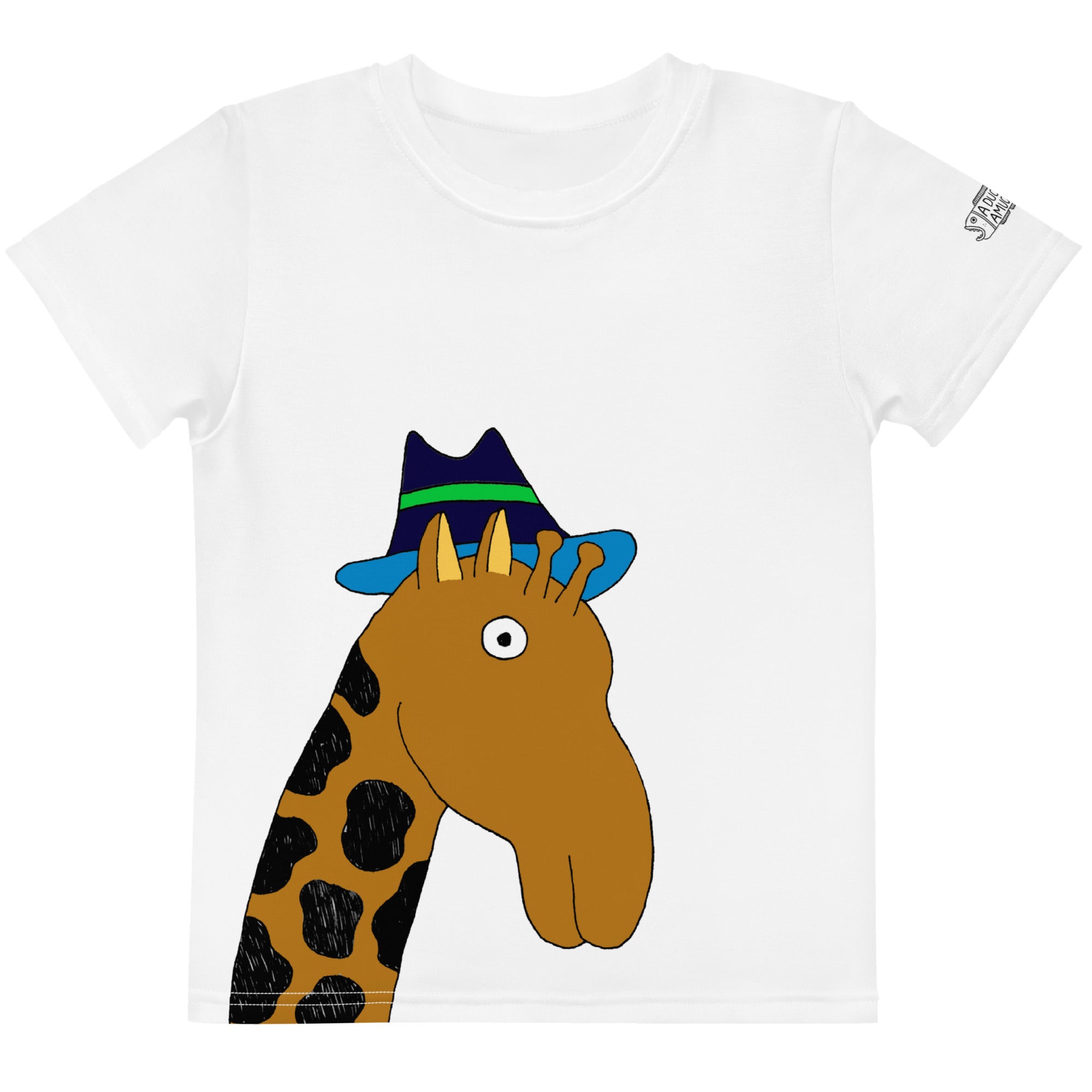 Colorful kid's t-shirt featuring a giraffe wearing a fedora, perfect for active children.