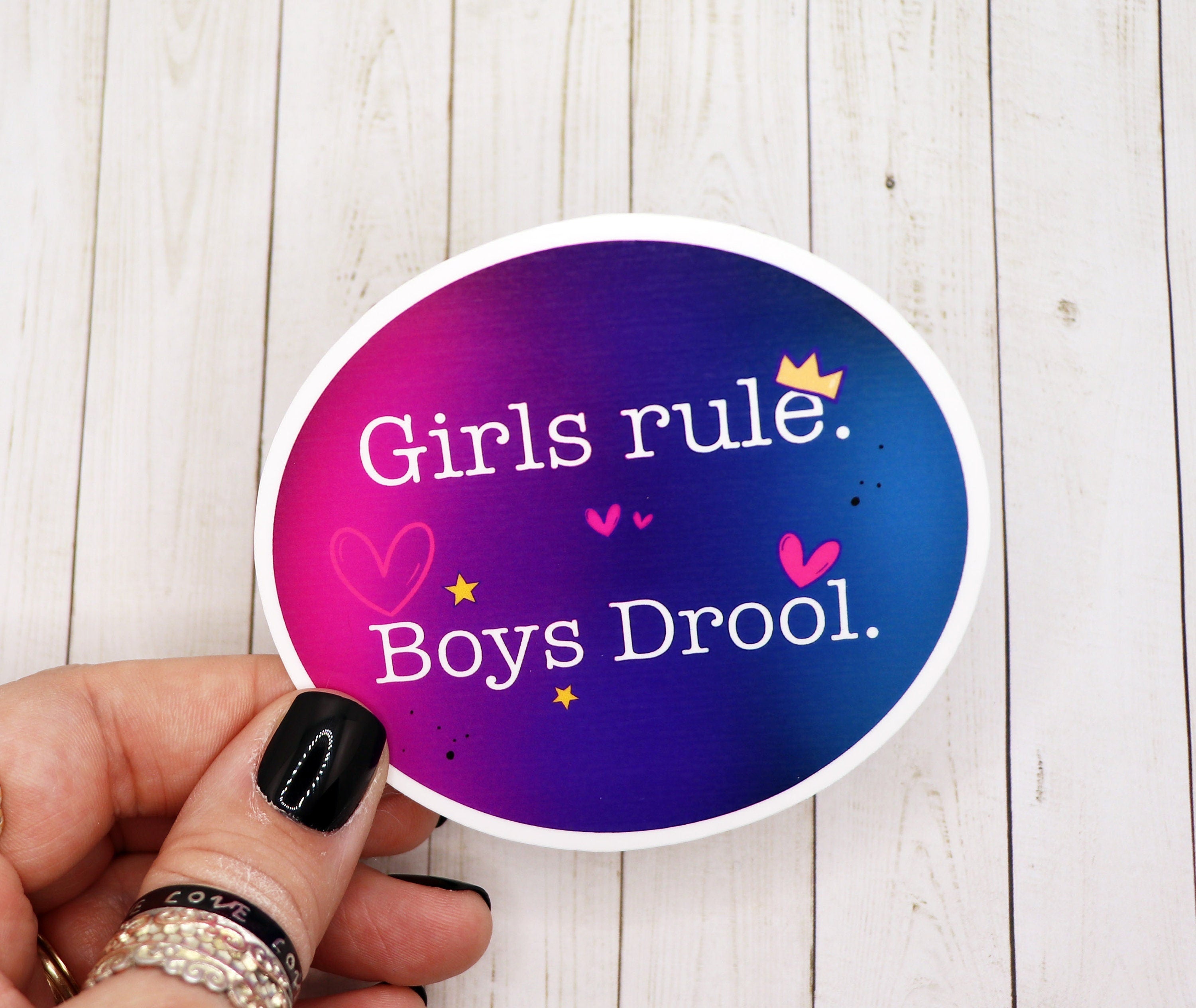 Girls Rule Boys Drool vinyl sticker on a white background, showcasing its vibrant design and 2.5-inch size.