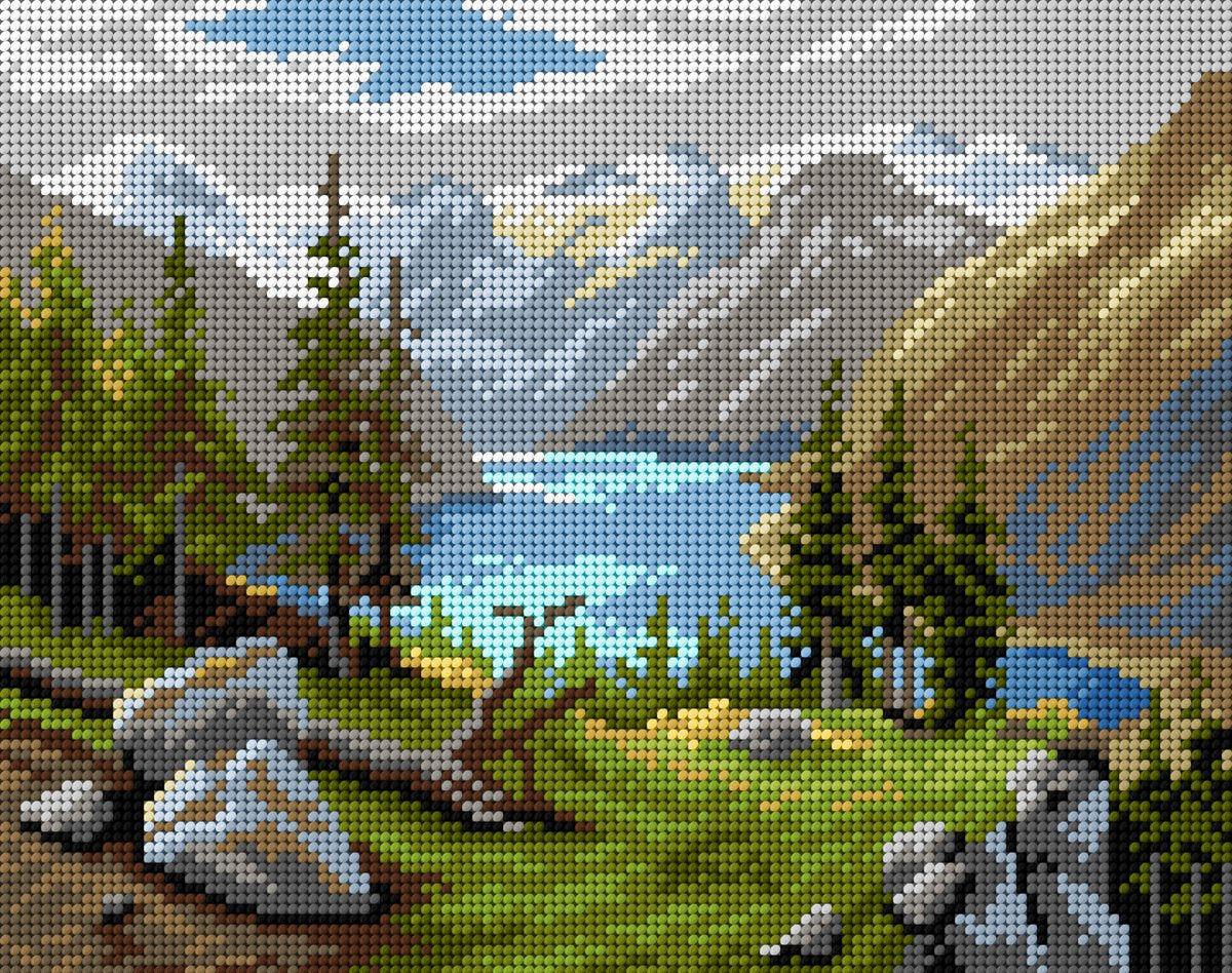 Gobelin canvas featuring a lake design by Georg Jannus, ideal for halfstitch embroidery, dimensions 24x30 cm.