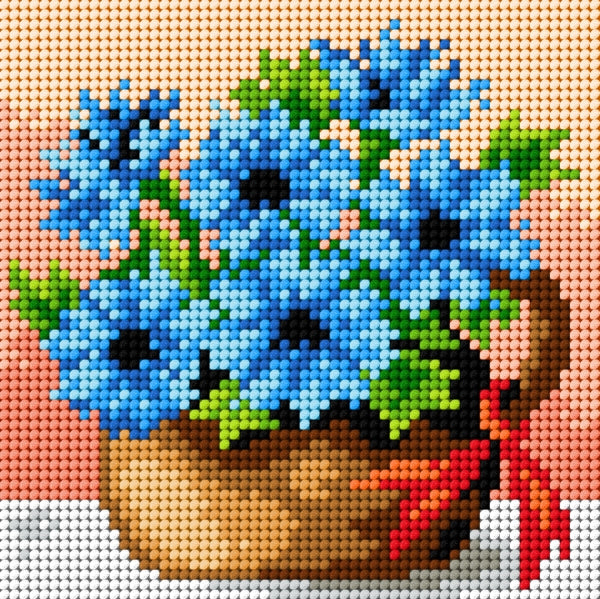 Gobelin canvas featuring a Basket of Cornflowers design, measuring 15x15 cm, perfect for halfstitch embroidery.