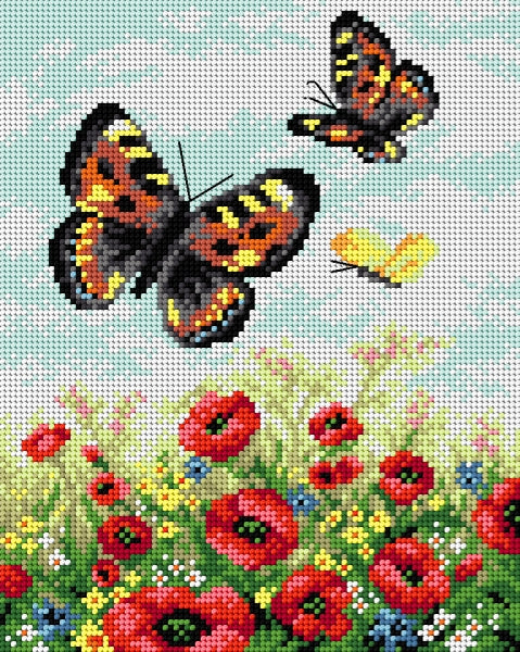 Gobelin canvas featuring a butterfly design on a meadow, ideal for halfstitch embroidery projects, measuring 24x30 cm.